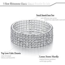 Yumei Jewelry 5 Strand Rhinestone Stretch Bracelet Silver-tone Sparkling Bridal Tennis Bangle