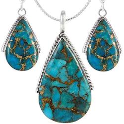 Genuine Turquoise Necklace Earrings Pendant Set in 925 Sterling Silver (24'' Length)