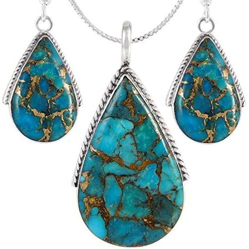 Genuine Turquoise Necklace Earrings Pendant Set in 925 Sterling Silver (24'' Length)
