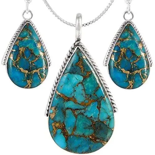 Genuine Turquoise Necklace Earrings Pendant Set in 925 Sterling Silver (24'' Length) Genuine Turquoise Necklace Earrings Pendant Set in 925 Sterling Silver (24'' Length)