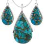 Genuine Turquoise Necklace Earrings Pendant Set in 925 Sterling Silver (24'' Length)