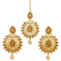Bindhani Indian Style Bollywood Jewellery Hair Accessories Maang Tika Headpiece Bridal Bridesmaid Wedding Traditional Bahubali Gold Plated Chandbali Kundan Earrings Mang Tikka Jewelry For Women