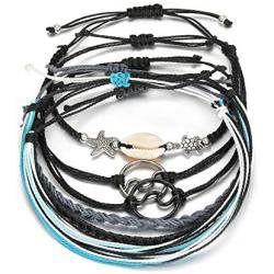 Sllrrka Bohemian Wave Shell Bracelet Set for Women Wax Coated Braided Rope Beach Jewelry