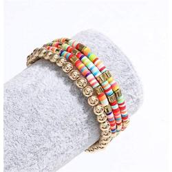 Multiple Colorful Soft Polymer Clay Bracelet African Vinyl Disc Beaded Strand Bracelet for Women Girls Surfer Boho Beaded Bracelet Bohemian Metal Ball Beads Stretch Bracelet Jewelry
