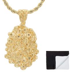 The Bling Factory 14k Gold Plated 25mm x 32mm Chunky Nugget Textured Medallion Pendant + 24'' 2.4mm Rope Chain Necklace Set