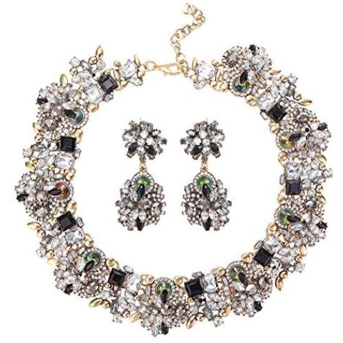 JOERICA Bib Statement Necklace for Women Chunky Choker Necklace and Earrings Set Rhinestone Vintage Fashion Necklace Costume Jewelry