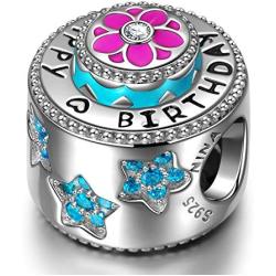 NINAQUEEN Happy Birthday Charms Cake Enamel 925 Sterling Silver Star Birthstone Beads Charm for Pandora Bracelet Jewelry Birthday Gift