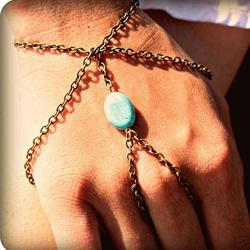 Olbye Turquoise Finger Ring Bracelet Bronze Slave Bracelet Hand Chain Personalize Everyday Jewelry for Women and Teen Girls