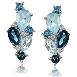 Sterling Silver London Blue, Blue Topaz, and White Topaz Cluster Tonal Drop Earrings