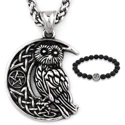 GUNGNEER Stainless Steel Irish Celtic Owl Moon Star Pendant Necklace Wisdom Spirit Protection Strength Jewelry