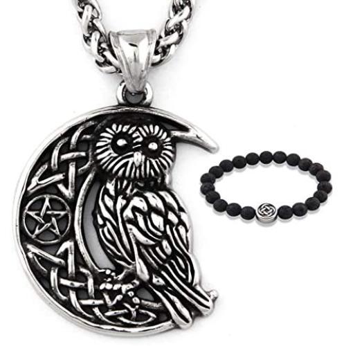 GUNGNEER Stainless Steel Irish Celtic Owl Moon Star Pendant Necklace Wisdom Spirit Protection Strength Jewelry