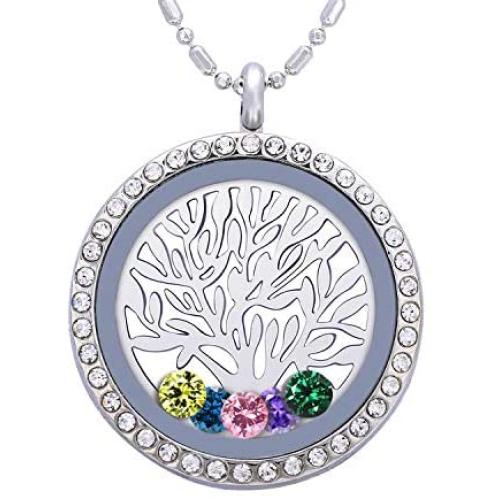 Birthstone Family Tree of Life Necklace, Floating Charm Living Memory Locket with 24 Birthstone & 2 Family Tree Plate DIY Pendant Gifts