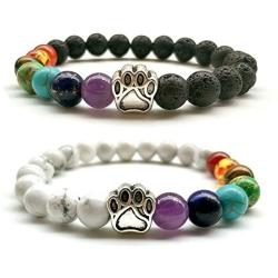 Natural Stone 7 Chakra Dog Paw Charm Lava Rock Mala Beads Elastic Bracelet Yoga Meditation Healing Bangle