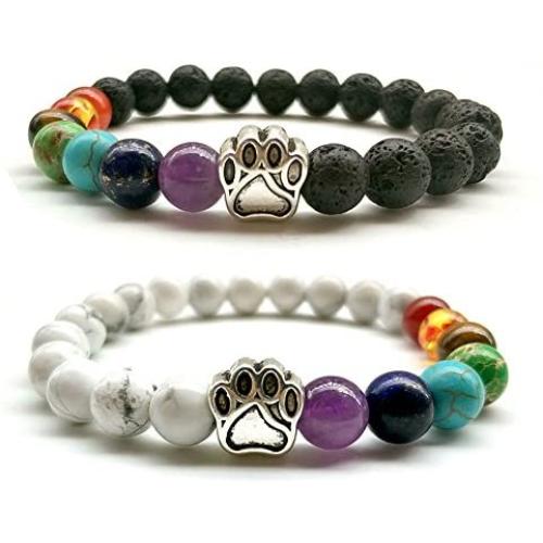 Natural Stone 7 Chakra Dog Paw Charm Lava Rock Mala Beads Elastic Bracelet Yoga Meditation Healing Bangle