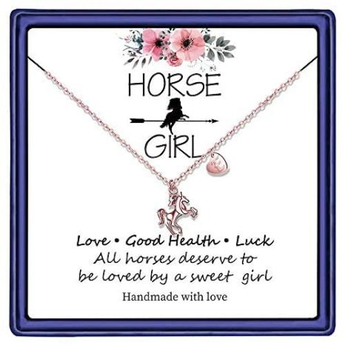 Hidepoo Horse Gifts for Girls, 14K Rose Gold Plated Horse Pendant Necklace Kids Heart Initial Necklace Dainty Horse Jewelry Girls Horse Necklace Horse Gifts for Girls Women