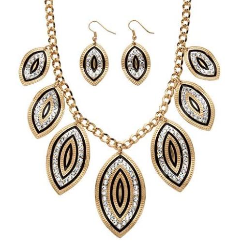 Palm Beach Jewelry Gold Tone Round Crystal and Black Enamel, Drop Earring and Bib Necklace Set, Lobster Claw Clasp, 18 inches Plus 3 inch e