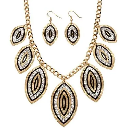 Palm Beach Jewelry Gold Tone Round Crystal and Black Enamel, Drop Earring and Bib Necklace Set, Lobster Claw Clasp, 18 inches Plus 3 inch e Palm Beach Jewelry Gold Tone Round Crystal and Black Enamel, Drop Earring and Bib Necklace Set, Lobster Claw Clasp, 18 inches Plus 3 inch e