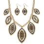 Palm Beach Jewelry Gold Tone Round Crystal and Black Enamel, Drop Earring and Bib Necklace Set, Lobster Claw Clasp, 18 inches Plus 3 inch e