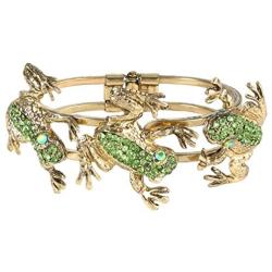 EVER FAITH Womens Austrian Crystal Vintage Inspired 3 Frogs Bangle Bracelet Green Antique Gold-Tone