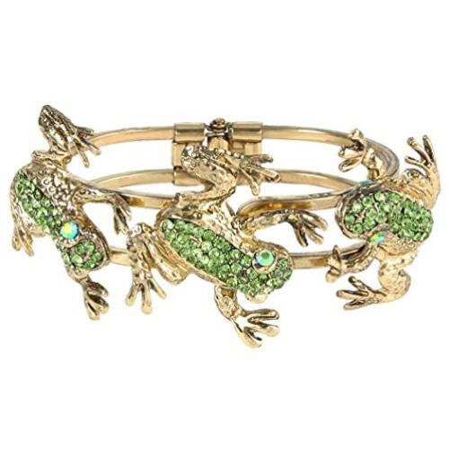 EVER FAITH Womens Austrian Crystal Vintage Inspired 3 Frogs Bangle Bracelet Green Antique Gold-Tone
