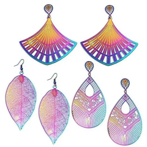 3 Paris Large Statement Lightweight Anodized Rainbow Filigree Drop Dangle Earrings for Women Summer Fashion 3 Paris Large Statement Lightweight Anodized Rainbow Filigree Drop Dangle Earrings for Women Summer Fashion