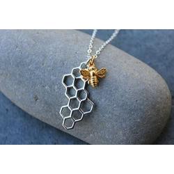 Night Owl Jewelry 24k Gold Plated Bronze Honey Bee and Sterling Silver Honeycomb Necklace- Available in 16'' to 26'' Lengths