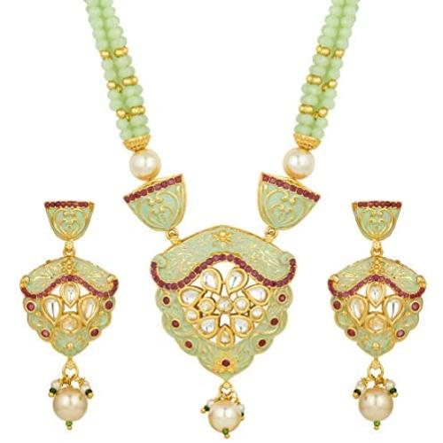 Aheli Matte Meenakari Pendant Earrings Pearl Beads Strands Necklace Set Indian Wedding Ethnic Fashion Jewelry for Women