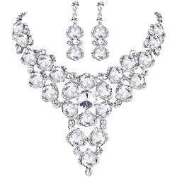 BriLove Womens Wedding Bridal Crystal Multi Teardrop-Shape Flower Enamel Statement Necklace Dangle Earrings Set