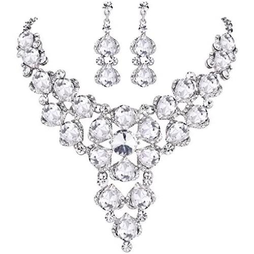BriLove Womens Wedding Bridal Crystal Multi Teardrop-Shape Flower Enamel Statement Necklace Dangle Earrings Set