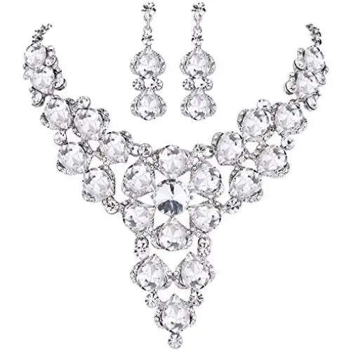 BriLove Womens Wedding Bridal Crystal Multi Teardrop-Shape Flower Enamel Statement Necklace Dangle Earrings Set BriLove Womens Wedding Bridal Crystal Multi Teardrop-Shape Flower Enamel Statement Necklace Dangle Earrings Set