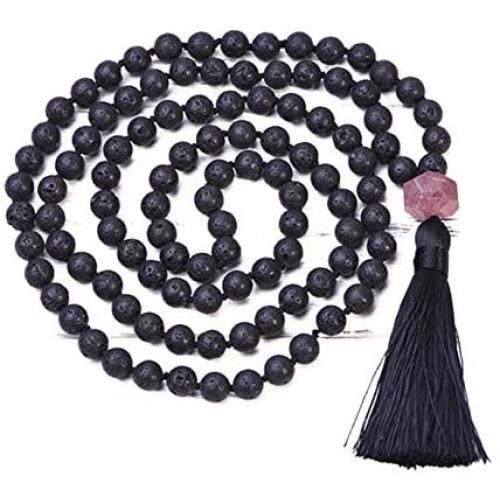 TamLyn Concepts 108 Mala Beads Hand Knotted Japa Necklace for Meditation - 8mm Prayer Beads Tassel Necklace with Lava Rock and Semi Precious Gemstones - Healing Stones - Yoga Jewelry Reiki Infused