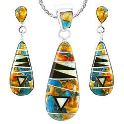 Sterling Silver and Genuine Spiny Turquoise Necklace & Earrings Matching Set (Choose Style)