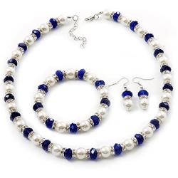 Avalaya White & Royal Blue Imitation Pearl Bead with Diamante Ring Necklace, Bracelet & Earrings Set (Silver Tone Metal) - 44cm L/ 4cm Ext