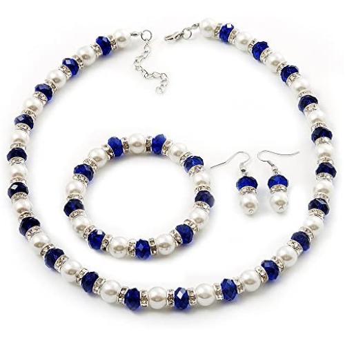 Avalaya White & Royal Blue Imitation Pearl Bead with Diamante Ring Necklace, Bracelet & Earrings Set (Silver Tone Metal) - 44cm L/ 4cm Ext