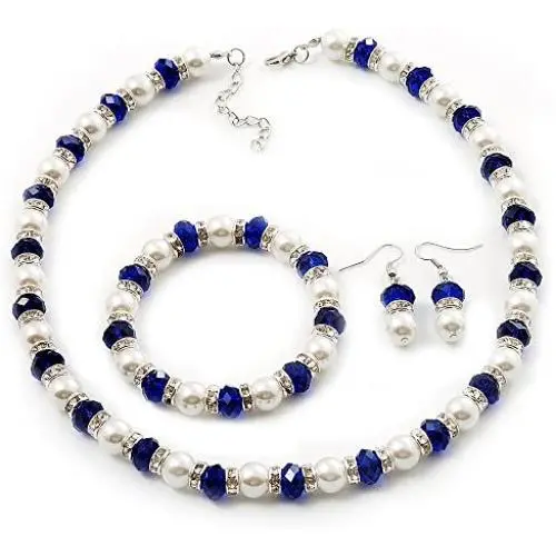 Avalaya White & Royal Blue Imitation Pearl Bead with Diamante Ring Necklace, Bracelet & Earrings Set (Silver Tone Metal) - 44cm L/ 4cm Ext Avalaya White & Royal Blue Imitation Pearl Bead with Diamante Ring Necklace, Bracelet & Earrings Set (Silver Tone Metal) - 44cm L/ 4cm Ext
