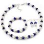 Avalaya White & Royal Blue Imitation Pearl Bead with Diamante Ring Necklace, Bracelet & Earrings Set (Silver Tone Metal) - 44cm L/ 4cm Ext