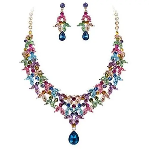 BriLove Womens Wedding Bridal Cluster Leaf Teardrop Statement Necklace Dangle Earrings Set BriLove Womens Wedding Bridal Cluster Leaf Teardrop Statement Necklace Dangle Earrings Set