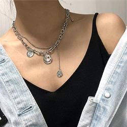 YERTTER 2 Tier Heavy Gothic Grunge Smile Pendant Necklace Statement Short Chain Punk Multilayer Steel Material Choker Necklace for Women