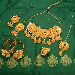 Zephyrr Flower Jewellery Set for Women and Girls: Haldi Baby Shower, Mehndi Godbharai Gota Patti Necklace Set With Maang/Tikka/Earrings/Bangles/Finger Ring, Haldi, Fashion Jewellery.