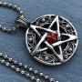 Wicca Wiccan Pagan Jewelry Celtic Pentacle Pentagram Star Red Crystal Gem Pewter Pendant Necklace Protection Amulet Wealth Money Good Fortune Luck Lucky Charm Talisman Medallion w silver ball chain