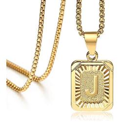 Hermah 26 Gold Plated Square Capital Initial Letter Charm Pendant Necklace for Men Women Box Steel Chain 22inch