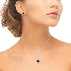 Sterling Silver Genuine or Synthetic Gemstone & White Topaz Cushion-Cut Necklace & Stud Earrings Set