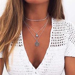 YienDoo Bohemian Silver Layered Tree of Life Rhinestone Necklace Chain Choker Dainty Disc Gemstone Pendant Charm Necklace Jewelry for Women and Girls