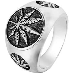 SAINTHERO Mens Vintage Stainless Steel Ring Weed Marijuana Cannabis Leaf Symbol Rock Punk Hip-hop Jewelry Size 7-15