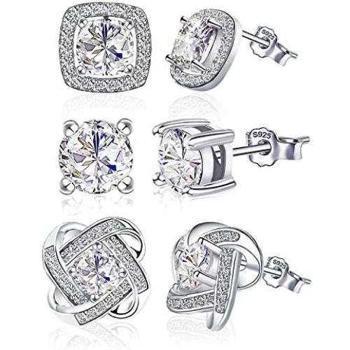 Cubic Zirconia Earrings Set - Sterling Silver Hypoallergenic Crystal CZ Earrings Set for Women Men Girls(5mm/9mm/10mm)