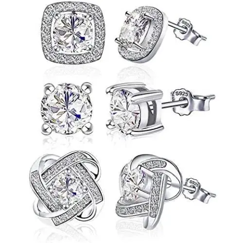 Cubic Zirconia Earrings Set - Sterling Silver Hypoallergenic Crystal CZ Earrings Set for Women Men Girls(5mm/9mm/10mm)