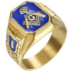 IFUAQZ Mens Stainless Steel Gold Plated Freemason Symbol Masonic Rings Blue G Lodge Master Mason Signet Biker Band