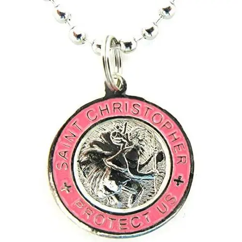 St. Christopher Surf Medal Necklace Pendant, Protector of Travel sv/pi Silver/Pink Small St. Christopher Surf Medal Necklace Pendant, Protector of Travel sv/pi Silver/Pink Small