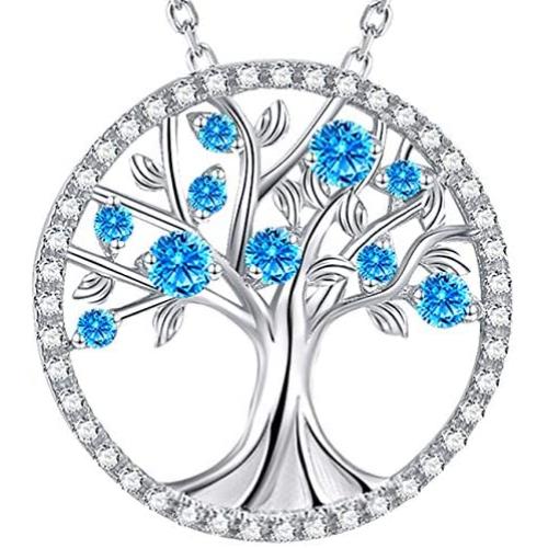 Sterling Silver Tree of Life Necklace March April Birthstone Aquamarine Simulated Diamond Necklace Wife Mom Birthday Gifts Emerald Peridot Garnet Simulated Diamond Amethyst Jewelry for Her