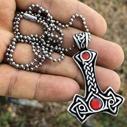 Asatru Mjölnir Jewelry Celtic Thor Mjolnir Red Gem Crystal Norse Viking Icelandic Scandinavian Thors Hammer Protection Amulet Pewter Mens Pendant Necklace Charm for men unisex w Silver Ball Chain